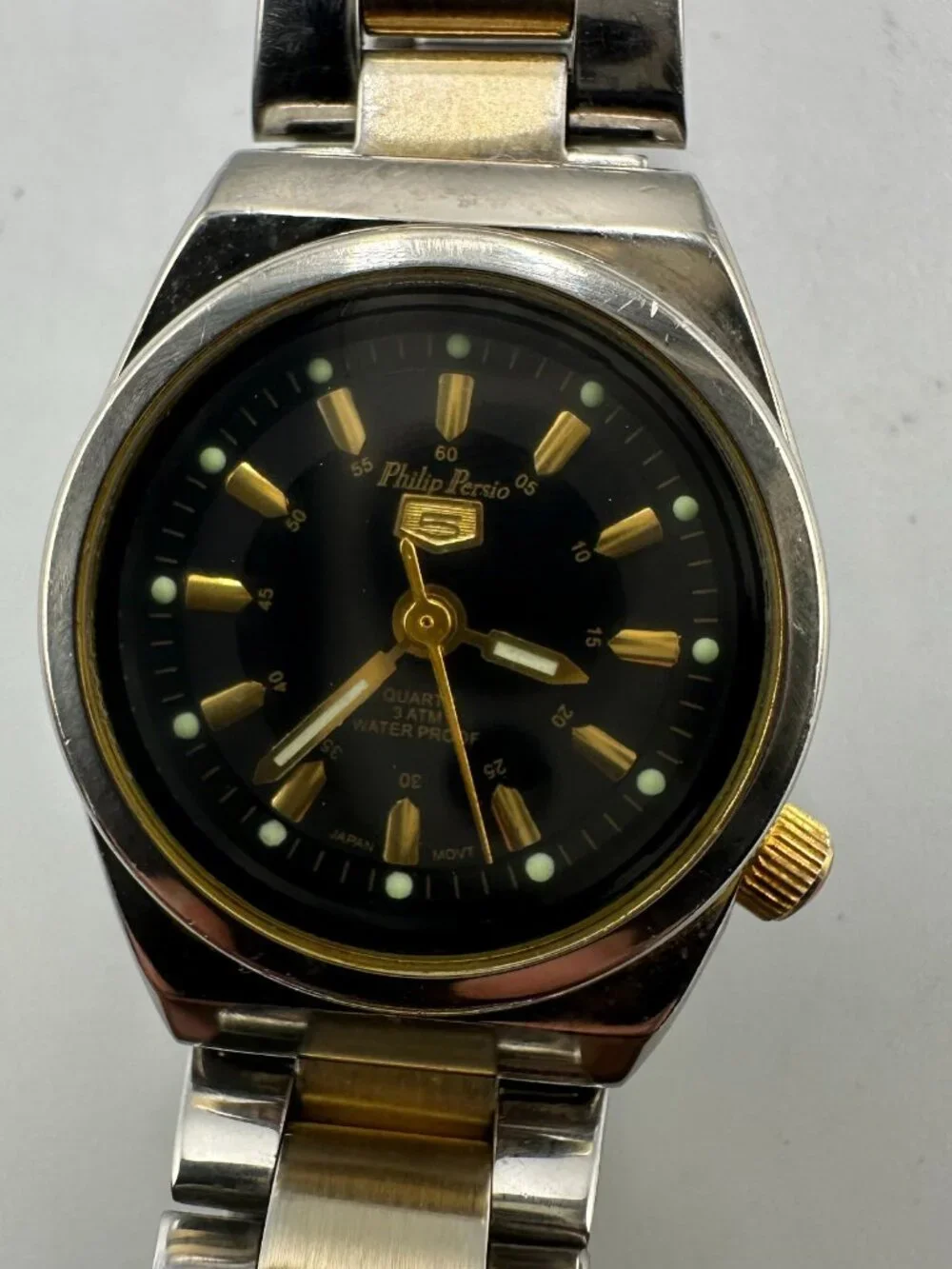Philip Persio Watch Women Silver Gold Two Tone Black Dial 24MM New Battery 6.5